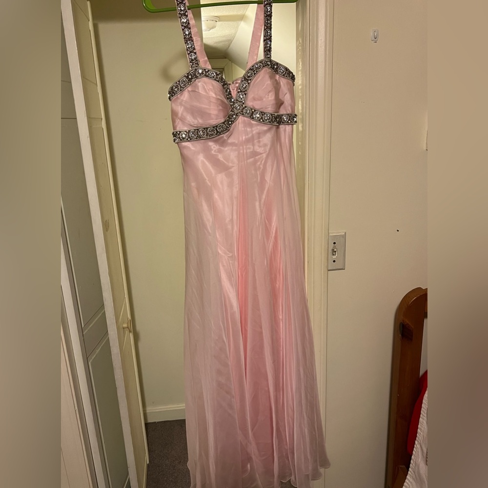 A pink gown SZ 11/12 satin/tulle flowy w/sparkly rhinestones on the bust/straps